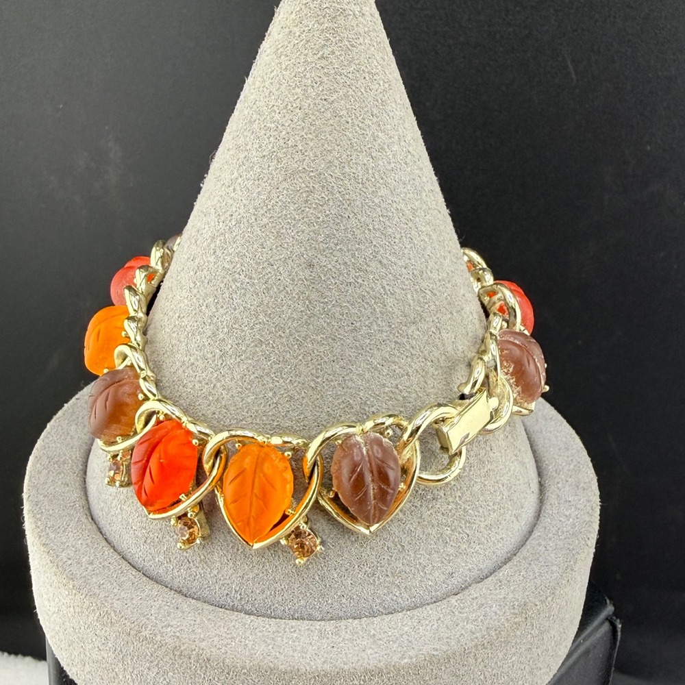 Vintage Lisner Bracelet Thermoset Orange Brown Molded Leaf Rhinestone 7"